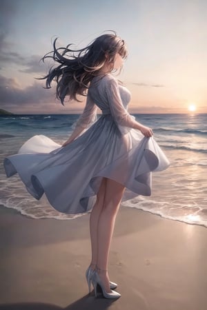 A young girl in a white dress standing on the beach, with a sunset in the background. She is looking away, her hair is blowing in the wind, and her face is tinged with sadness. She is wearing white high heels, revealing her long, slender legs, sunset sky, waves, beach grass, sea, full body shot, side view, portrait