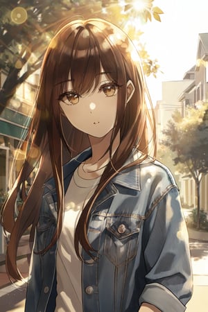 (1_girl:1.0), (long_hair:1.2), (auburn_hair:1.1), (almond_eyes:1.0), 
(slim_figure:1.0), (casual_pose:1.1), (looking_into_distance:1.3), 
(casual_clothing:1.0), (denim_jacket:1.1), (white_t-shirt:1.0), 
(blue_jeans:1.2), (black_sneakers:1.0), 
(outdoor:0.8), (urban_background:0.9), (sunlight_filter:1.0), 
(portrait_mode:1.5), (high_definition:1.0), (dynamic_angle:1.2), 
(clear_skies:0.7), (ambient_lighting:0.9), 