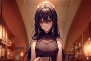 1 woman, long hair, dark colored sleeveless outfit, shoulders exposed, indoors, dim lighting, bookshelf, bottles and jars, lit lanterns, warm atmosphere, background: bookshelf, bottles, lanterns, indoor: dim, woman: long hair, sleeveless, shoulders exposed, lanterns: lit, atmosphere: warm,Anime,masterpiece,anime,best quality