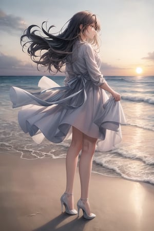 A young girl in a white dress standing on the beach, with a sunset in the background. She is looking away, her hair is blowing in the wind, and her face is tinged with sadness. She is wearing white high heels, revealing her long, slender legs, sunset sky, waves, beach grass, sea, full body shot, side view, portrait