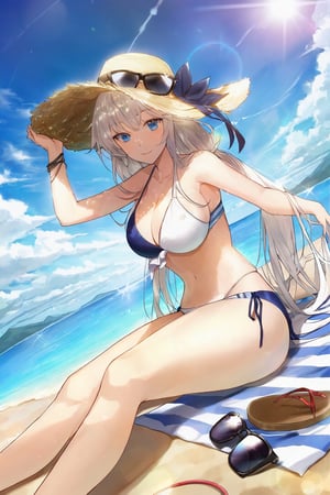 (1_girl, platinum_blonde_hair, blue_eyes, athletic:1.3),
(bikini, beach_towel, sun_hat:1.4),
(sitting_on_beach, legs_crossed, sunglasses_on:1.2),
(summer_day, clear_skies, ocean_view:0.9),
(wide_angle_shot, vibrant_colors, dynamic_composition:1.5),
sunny_atmosphere, high_resolution, clear_skies,