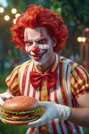 male clown, red aflo hair, hamburger,
masterpiece, an extremely delicate and beautiful, extremely detailed, finely detail, extremely detailed CG unity 8k wallpaper, ultra-detailed, highres,
outdoor lighting,perfect anatomy, ,man,Masterpiece