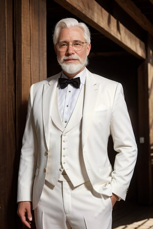 American old man, white hair, white mustache , white beard, white suit, white shirt, black flame clear glasses, black cane, black thick bow tie, smile, standing, loghouse,
masterpiece, an extremely delicate and beautiful, extremely detailed, finely detail, extremely detailed CG unity 8k wallpaper, ultra-detailed, highres,
outdoor lighting,perfect anatomy, ,man,Masterpiece