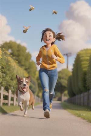 a softly built young woman, wearing a hoody and flared jeans, running down a country road, on a beautiful sunny day. with 2 small dogs.flowers blowing in the wind. bees flying in the air.