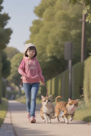 a softly built young woman, wearing a hoody and flared jeans, walking down a country road, on a beautiful sunny day. with 2 small dogs one and 2 playful cats.