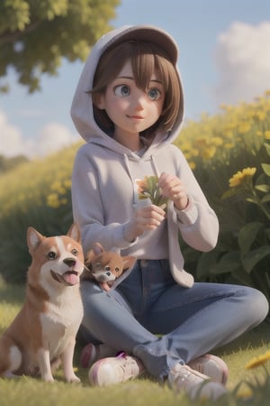 a softly built young woman, wearing a hoody and flared jeans,sitting down a country road, on a beautiful sunny day. with 2 small dogs.flowers blowing in the wind. summers day picnic with animals