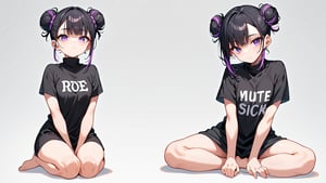 score_9,score_8_up,score_7_up, 1girl,looking at viewer,bangs,shirt,black hair,closed mouth,purple eyes,full body,short sleeves,multicolored hair,hair bun,black shirt,double bun,turtleneck,expressionless,clothes writing,bule side,with cat