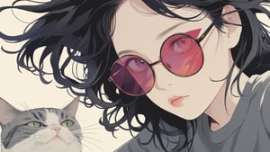1girl,illustration,cat-tinted,black hair,detail cat t-shirt,Lightning shaped glasses
