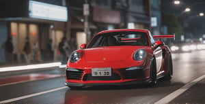 solo, night, no humans, ground vehicle, motor vehicle, car, motion blur, vehicle focus, jdm car, jdm, the car: red and black, model of the car porshe 911 modified for street racing in japan, cinematic lighting, cinematic view