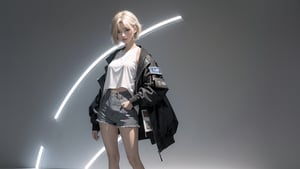 Best quality, masterpiece, ultra high res, (photorealistic:1.4), raw photo, korea girl 22 year old, blond sleek pixie shorts hair style, wearing oversize black jacket bomber m1, shorts bluejeans, white sneaker, solid grey background,standing on object,full body