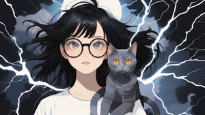 1girl,illustration,cat-tinted,black hair,detail cat t-shirt,Lightning shaped glasses