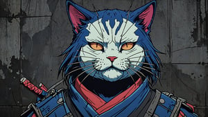 (close up, head and shoulders portrait:1.5), red, orange, blue, violet gradient ,(anthromorphic cat:1.5), samurai, wearing samurai armor, (strong outline sketch style:1.5), symmetrical features, gritty fantasy, (darkest dungeon art style :1.4), dark muted background, detailed, one_piece_wano_style, Dark Manga of,anime screencap,Dark Anime of