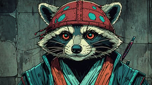 (close up, head and shoulders portrait:1.5), red, orange, green, teal, aqua, blue, violet gradient ,(anthromorphic raccoon :1.5), samurai, wearing samurai armor, (strong outline sketch style:1.5), symmetrical features, gritty fantasy, (darkest dungeon art style :1.4), dark muted background, detailed, one_piece_wano_style, Dark Manga of,anime screencap,Dark Anime of