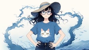 1girl,illustration,blue-tinted,black hair,detail cat t-shirt,Lightning shaped glasses,18 years old glasses woman,full body,fisherman's hat,Rebulia