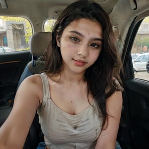 beautiful oute young attractive realIndian teenage girl, village girl, 18 years old, cute, Instagram model, long black hair, colorful hair, warm, dacing, in car,Indian