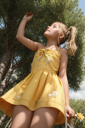 A young girl, around 11-13 years old, stands alone in a sunny park, surrounded by lush green grass and colorful vibrant flowers and trees. She looks up at something with wonder in her eyes, her blonde pigtails tied back with a ribbon, wearing a alluring bright yellow mini sundress with white flowers embroidered along the hem.