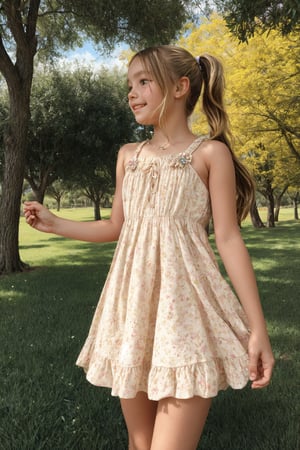 A young girl, approximately 11-13 years old, stands solo amidst a sun-drenched park, surrounded by vibrant flora and lush grass. Her blonde pigtails, tied back with a ribbon, frame her beaming face as she gazes upwards in wonder. She wears a charming mini sundress adorned with white flowers embroidered along the hem, adding to her innocent charm.