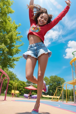 A carefree young girl with a scorching hot physique bursts with joy on a vibrant playground. Wearing casual wear, she radiates innocence and purity as she leaps into the air, her bright smile lighting up the sunny day. The warm rays of sunlight dance across her freckled skin, highlighting her playful laughter.