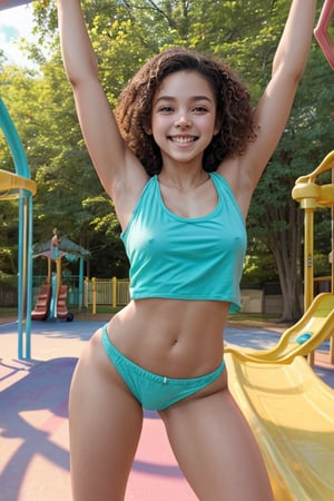 A joyful young girl, radiating innocence and purity, strikes a playful pose on a sunny playground. Her hot, toned physique is casually clad in comfortable attire, highlighting her youthful exuberance as she beams with happiness amidst the colorful outdoor setting, surrounded by swings and slides.