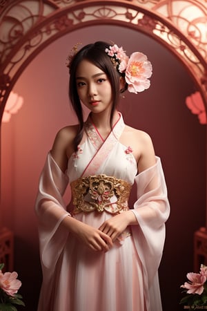 A tween girl, wearing hanfu, peony garden, butterfly, (negative space:1.4), fusion of art nouveau styles with gongbi painting, gold and white and red hue, Mucha style, (Cinematic lighting, ethereal light, intricate details, extremely detailed, incredible details, full colored), complex details, hyper maximalist, gorgeous light and shadow, detailed decoration, detailed lines. masterpiece, best quality, HDR, UHD, unreal engine. looking at the camera, fair skin, beautiful face,myhanfu,Colors