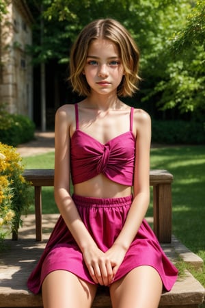 (beautiful face, 8K, HDR, HD.Masterpiece, Hyperrealistic),Full body view of a tween girl with well-formed body and short hair, 11yo, italian, nice hip, nice waist, outside, photorealistic, vibrant photography,(sitting or standing in alluring pose),Ultra-Realitic, Ultra-sharp. Vibrant,