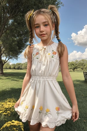 A young girl, around 11-13 years old, stands alone in a sun-drenched park, surrounded by lush green grass and vibrant flowers, their colors popping against the soft blue sky. Her blonde pigtails are tied back with a ribbon, framing her heart-shaped face. She gazes upwards with wonder-filled eyes, her bright yellow mini sundress with white flower embroidery fluttering gently in the breeze, highlighting her carefree spirit.