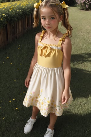 A young girl, around 8-10 years old, stands alone in a sunny backyard, surrounded by lush green grass and vibrant flowers. She looks up at something with wonder in her eyes, her blonde pigtails tied back with a ribbon, wearing a bright yellow sundress with white flowers embroidered along the hem.