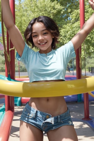 Vibrant sunlight casts a warm glow on a joyful young female, radiating innocence and purity, as she strikes a playful pose on a sunny playground. Her toned physique shines through casual attire, emphasizing youthful exuberance. She beams with happiness amidst colorful outdoor scenery, surrounded by swings and slides.