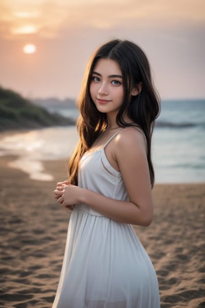 A stunning masterpiece! In a warm, golden light, an 18-year-old beauty stands on the beach at sunset, her long, black hair blowing gently in the breeze. Her features are framed by a shallow depth of field, with her exquisite eyes, slightly tareme, taking center stage. A soft, cute smile plays on her lips as she wears a snug white sundress and arm hugs herself, accentuating her flat chest. The gradient of her green eyes transitions seamlessly from bright to soft, drawing the viewer in. Her slender body glistens with shiny skin, and her hair shines like polished obsidian. The atmosphere is romantic, with the niji (sunset) sky serving as a breathtaking backdrop.