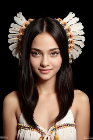 4k,best quality,masterpiece,11yo 1girl,(traditional Cherokee Indian costume, alluring smile, head ornaments 

(Beautiful and detailed eyes),
Detailed face, detailed eyes, double eyelids ,thin face, real hands, muscular fit body, semi visible abs, ((short hair with long locks:1.2)), black hair, black background,


real person, color splash style photo,
