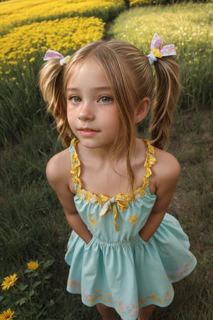 A young girl, around 8-10 years old, stands alone in a sunny backyard, surrounded by lush green grass and vibrant flowers. She looks up at something with wonder in her eyes, her blonde pigtails tied back with a ribbon, wearing a bright yellow sundress with white flowers embroidered along the hem.