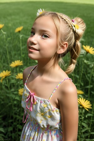 A young girl, around 8-10 years old, stands alone in a sunny backyard, surrounded by lush green grass and vibrant flowers. She looks up at something with wonder in her eyes, her blonde pigtails tied back with a ribbon, wearing a bright yellow sundress with white flowers embroidered along the hem.