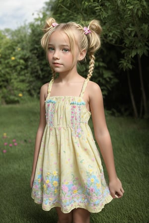 A young girl, around 8-10 years old, stands alone in a sunny backyard, surrounded by lush green grass and vibrant flowers. She looks up at something with wonder in her eyes, her blonde pigtails tied back with a ribbon, wearing a bright yellow sundress with white flowers embroidered along the hem.