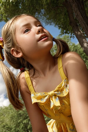 A young girl, around 11-13 years old, stands alone in a sunny park, surrounded by lush green grass and colorful vibrant flowers and trees. She looks up at something with wonder in her eyes, her blonde pigtails tied back with a ribbon, wearing a alluring bright yellow mini sundress with white flowers embroidered along the hem.