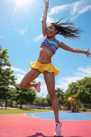 A carefree young woman with a scorching hot physique bursts with joy on a vibrant playground. Wearing slutty casual wear, she radiates innocence and purity as she leaps into the air, her bright smile lighting up the sunny day. The warm rays of sunlight dance across her freckled skin, highlighting her playful laughter.