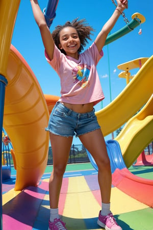 A bright-eyed, beaming young female, exuding joy and innocence, poses playfully on a sun-kissed playground. Her toned physique shines through casual clothing, emphasizing her carefree spirit as she radiates happiness amidst vibrant playground equipment, including swings and slides set against a warm, sunny backdrop.