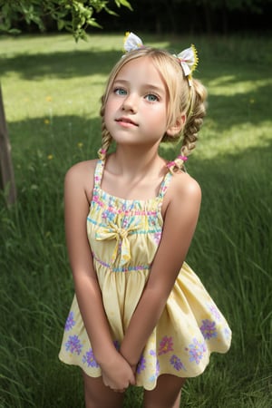 A young girl, around 8-10 years old, stands alone in a sunny backyard, surrounded by lush green grass and vibrant flowers. She looks up at something with wonder in her eyes, her blonde pigtails tied back with a ribbon, wearing a bright yellow sundress with white flowers embroidered along the hem.