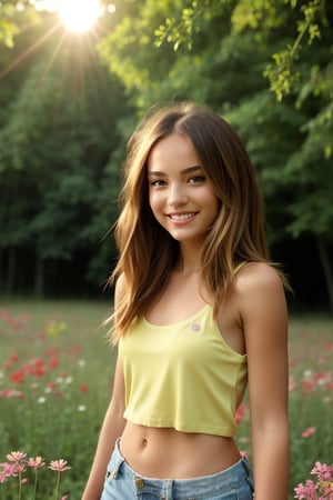 Soft focus captures the tween girl's carefree essence amidst a sun-drenched meadow. Warm sunlight casts a golden glow on her tanned skin, as she poses effortlessly among lush greenery. Her toned physique is highlighted by a fitted white tank top and distressed denim shorts, radiating confidence. Firm breasts peek out from beneath the tank's edge, as she gazes upward, lost in nature's beauty. A scattering of wildflowers surrounds her, complementing her bright smile and joyful spirit.