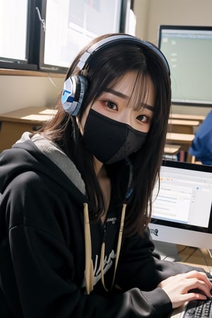 Photo Realistic, Photo Realistic, 1woman, idol, black hair, black eyes, hoodie, headphones, computer classroom, using a computer, typing, house, mask,Bomi