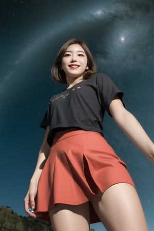 1woman, idol, short hair, brown hair, starry sky, sea, 20 years old, angle from below, smile, short t-shirt, short skirt