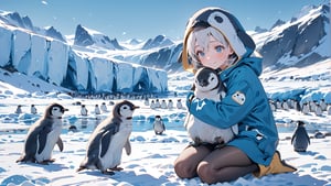 //quality, (masterpiece:1.331), (detailed), ((,best quality,)),//,1girl,(penguin_girl:1.3)//,white hair,detailed eyes,//,(penguin costume:1.3),(black and white penguin hood:1.4),(hood_up:1.1),long_sleeve, gloves,(black pantyhose:1.1), yellow boots,//,blush, happy_face,light smile,//,kneeling,(hugging _penguin:1.3),looking_at_others,//, (((penguins,too many penguins))), group of penguins,(surrounding by penguins:1.4),scenery,ice,ice land,ice mountain,blue sky,emo,fluffy fur,ice and snow,Penguin ,Bird ,Animal 