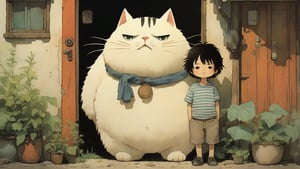 little boy standing next to cute fat cat,black hair,long hair, summer day, symmetry face, niji style, ghibli style