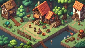 (masterpiece:1.3), best quality, game screenshot, pixel art game, rpg, village in the forest, cute character designs, villagers, a chicken, a cat, a dog, top view