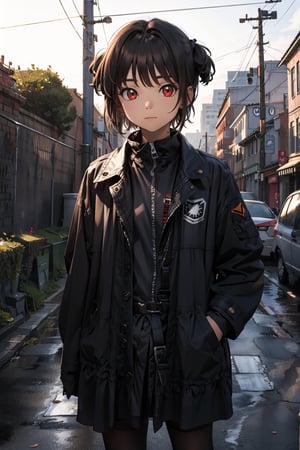 1girl, solo, looking at viewer, short hair, bangs, , red eyes, closed mouth, jacket, coat, cat