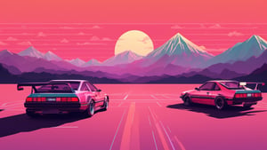 Japanese style, 80s retro vibe, aesthetic, motor sports design, geometric mountain background, retro-style sun.