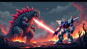 pixel art, depiction of an epic battle between Mechanic godzilla and Gundam,cyborg Mechanic godzilla, towering with metallic scales and glowing red eyes, unleashes a fiery blast from its mouth, Across from it, a giant Gundam, with its signature blue, red, and white armor, raises its beam saber, ready to strike. The scene is set in a Wilderness with flowing lava,The sky is dark and filled with smoke, while pixelated explosions and energy beams add intensity to the battle. The characters are detailed in classic pixel art style, 