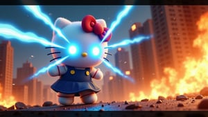 Hello Kitty,shooting blue beams from her eyes, setting the city ablaze,blue glow eyes, The iconic character, with her cute bow and trademark features, is depicted in a dynamic pose, her eyes glowing intensely as powerful blue beams shoot out, causing chaos and destruction in the city below, The background features a cityscape with buildingsBURN！BABY！BURN！