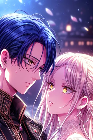 hd, high_resolution, complex_background, detailed eyes, man with blue eyes, eyes, hair wisps,forehead_jewel,couple_(romantic). a man with blue hair and blue hair and a woman with prim color hair with middleparted style and yellow eyes using victorian outfits with a lot of details, woman with forehead with no bangs 