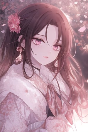 Jinx Arcanesolo, a striking cyborg in a vibrant anime style, gazes directly at the viewer with a radiant smile. Her black hair is adorned with a hair ornament and bangs, parted to reveal her bright pink eyes. A cherry blossom-print kimono wraps around her upper body, cinched by a bow and tassel. Fluorescent colors radiate from her red-tinged irises as she wears earrings featuring Japanese characters. A tree looms in the background, blurred, while Jinx's face takes center stage against a soft focus floral print. Her nose is slightly upturned, and her lips are painted with subtle makeup. The overall scene exudes a sense of serene futurism.