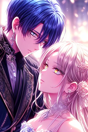 hd, high_resolution, complex_background, detailed eyes, man with blue eyes, eyes, hair wisps,forehead_jewel,couple_(romantic). a man with blue hair and blue hair and a woman with prim color hair with middleparted style and yellow eyes using victorian outfits with a lot of details, woman with forehead with no bangs ,More Detail